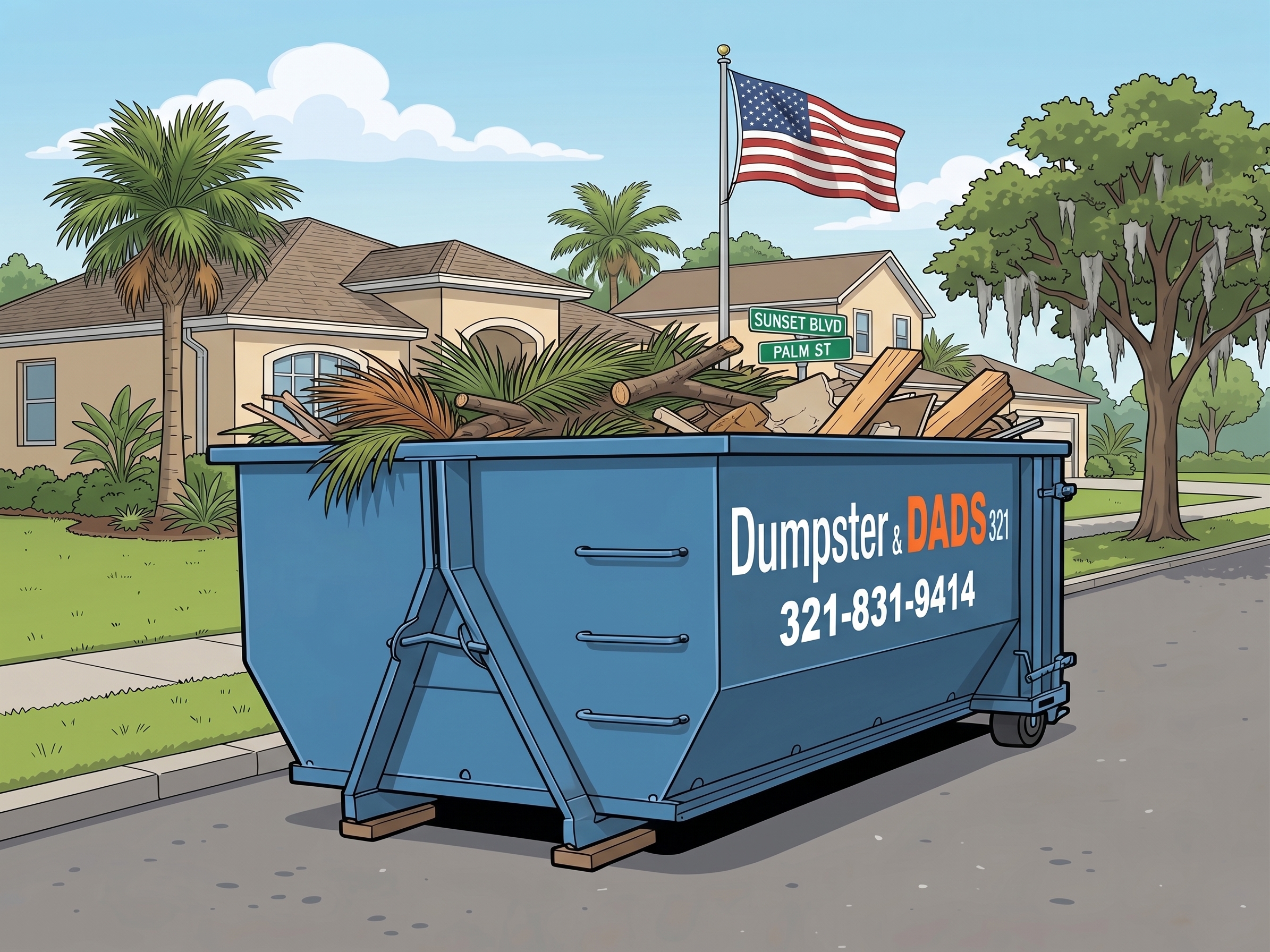 A roll-off dumpster delivered on-site illustrating Brevard County dumpster rental yard waste and construction debris disposal guidelines